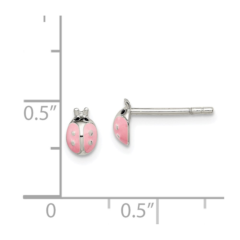 QE11328 Sterling Silver Polished Pink Enamel Ladybug Children's Post Earrings