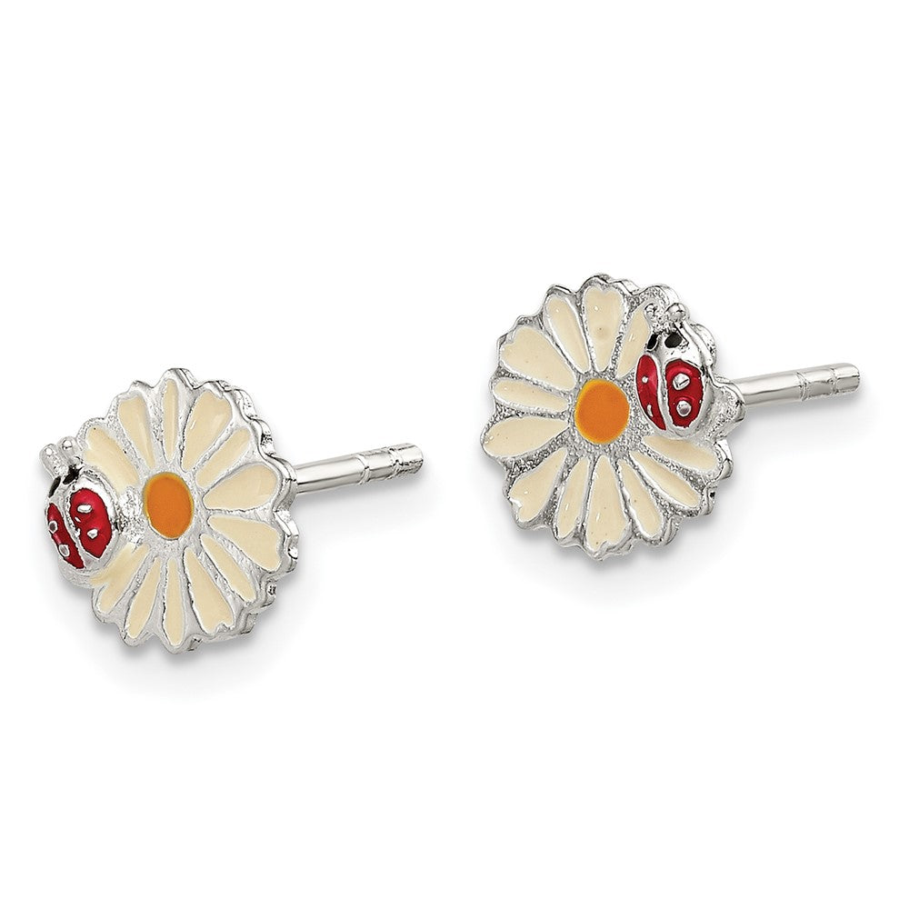 QE11329 Sterling Silver Polished & Multi-color Enameled Flower & Ladybug Children's Post Earrings