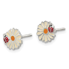 QE11329 Sterling Silver Polished & Multi-color Enameled Flower & Ladybug Children's Post Earrings