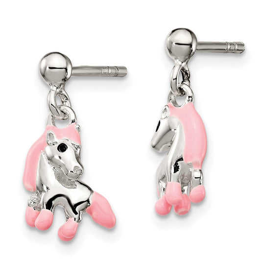 QE11331 Sterling Silver Polished Pink & Black Enameled Horse Children's Post Dangle Earrings
