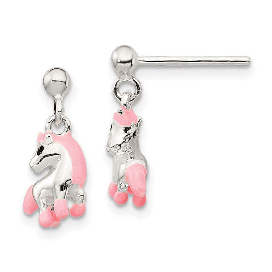QE11331 Sterling Silver Polished Pink & Black Enameled Horse Children's Post Dangle Earrings