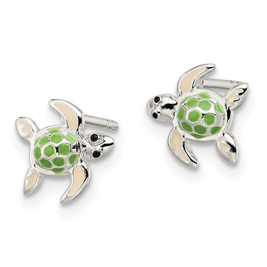QE11345 Sterling Silver Polished Multi-color Enameled Sea Turtle Children's Post Earrings