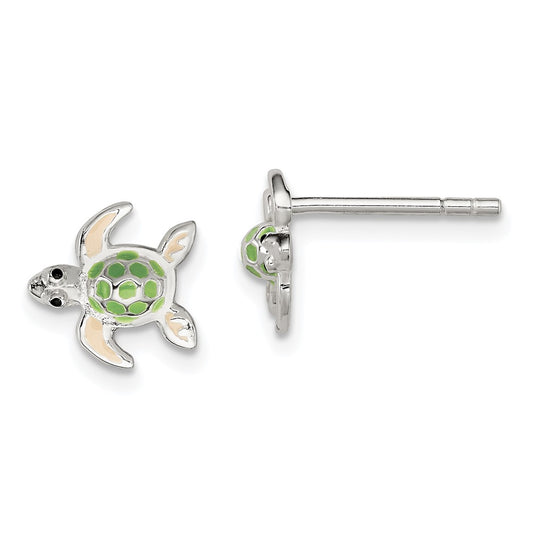 QE11345 Sterling Silver Polished Multi-color Enameled Sea Turtle Children's Post Earrings