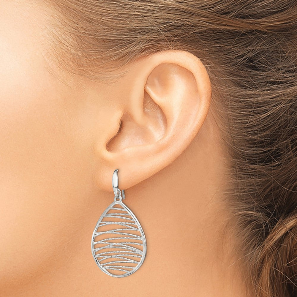 QE11425 Sterling Silver Rhod-pltd Polished/Textured Teardrop Dangle Earrings