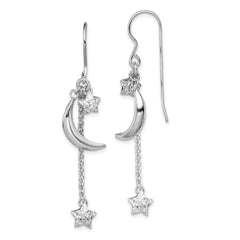 QE11463 Sterling Silver Rhodium-plated D/C Puffed Star and Moon Earrings