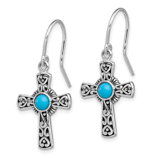 QE11474 Sterling Silver Antiqued Recon Turquoise Cross Shepherd Hook Earrings