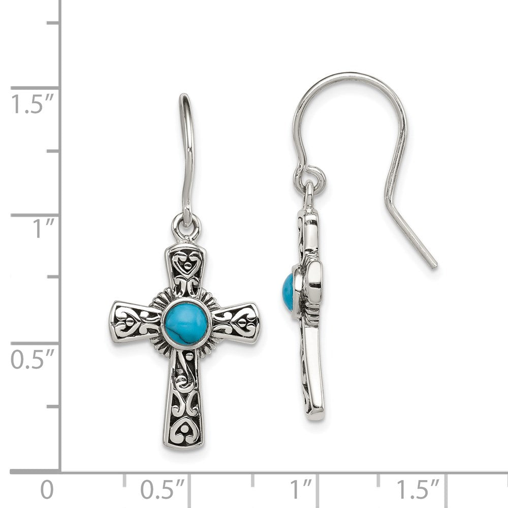 QE11474 Sterling Silver Antiqued Recon Turquoise Cross Shepherd Hook Earrings