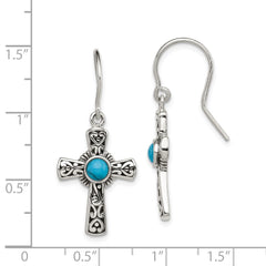 QE11474 Sterling Silver Antiqued Recon Turquoise Cross Shepherd Hook Earrings