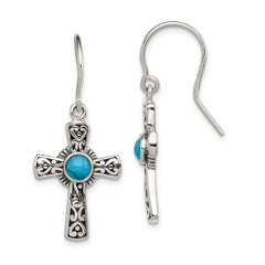 QE11474 Sterling Silver Antiqued Recon Turquoise Cross Shepherd Hook Earrings