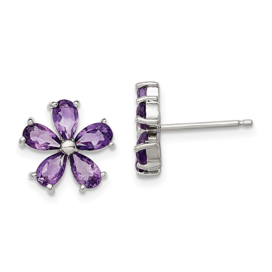 QE1148 Sterling Silver Rhodium Plated Amethyst Floral Earrings