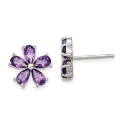 QE1148 Sterling Silver Rhodium Plated Amethyst Floral Earrings