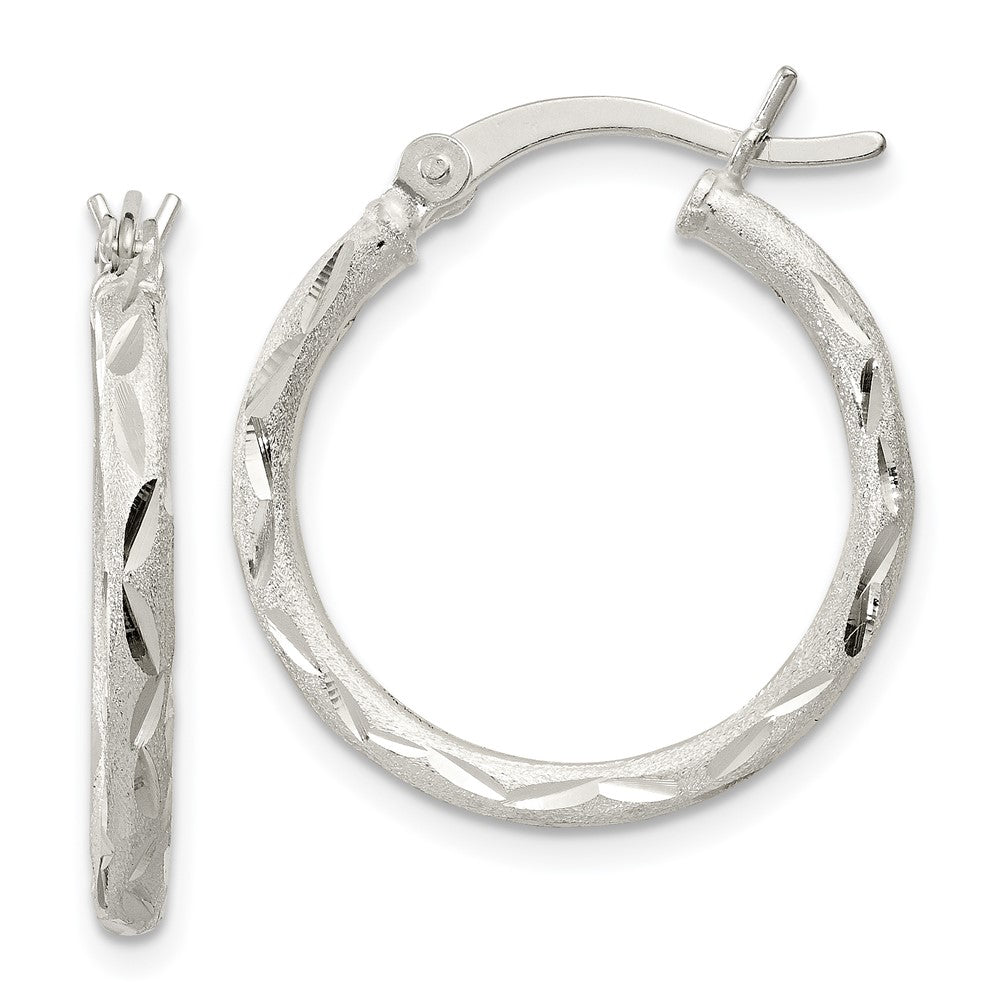QE11494 Sterling Silver Satin Diamond-cut 2x20mm Hoop Earrings