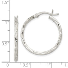 QE11495 Sterling Silver Satin Diamond-cut 2x25mm Hoop Earrings