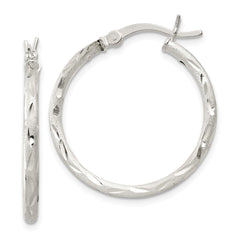 QE11495 Sterling Silver Satin Diamond-cut 2x25mm Hoop Earrings
