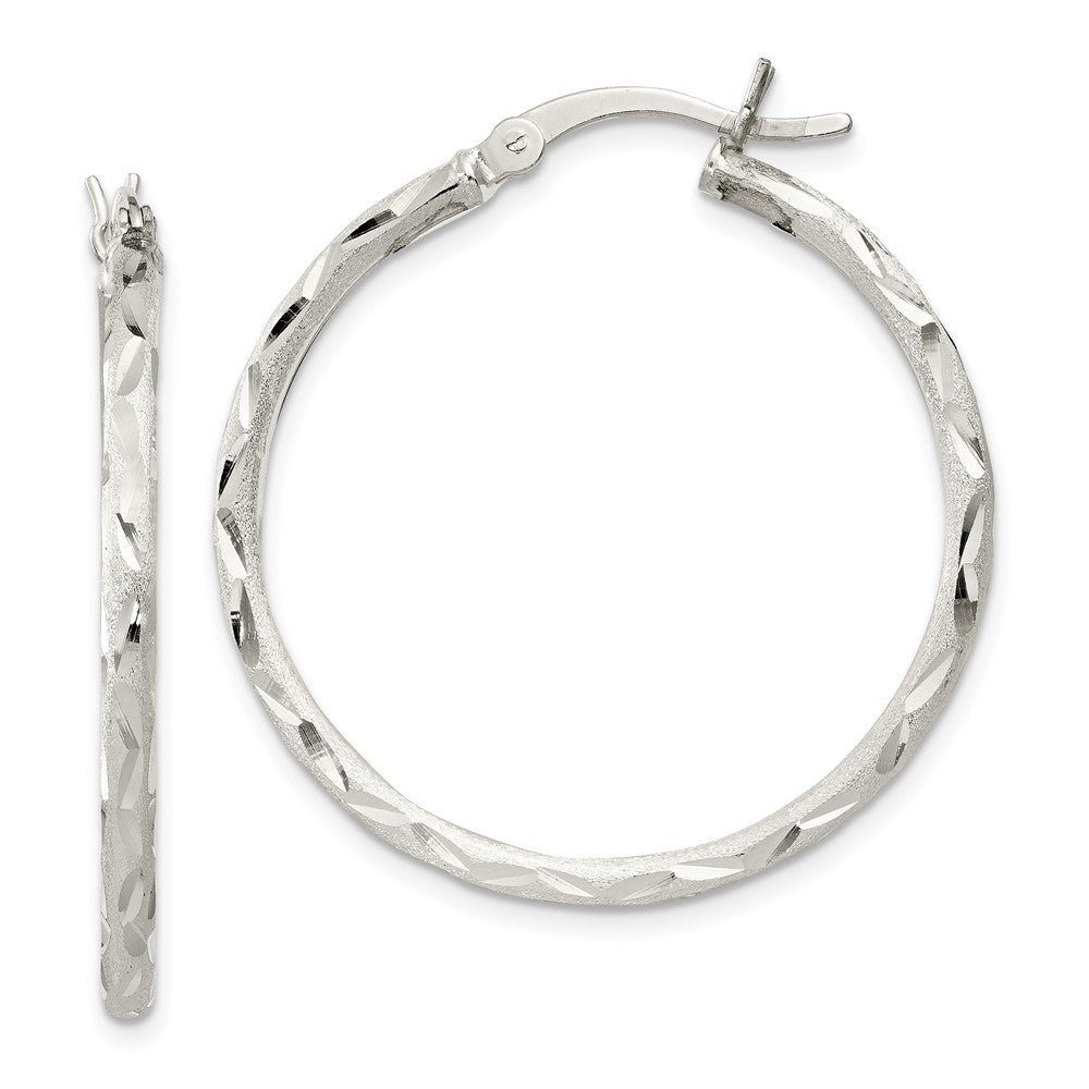 QE11496 Sterling Silver Satin Diamond-cut 2x31mm Hoop Earrings