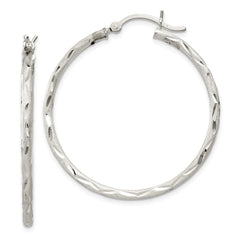 QE11497 Sterling Silver Satin Diamond-cut 2x35mm Hoop Earrings