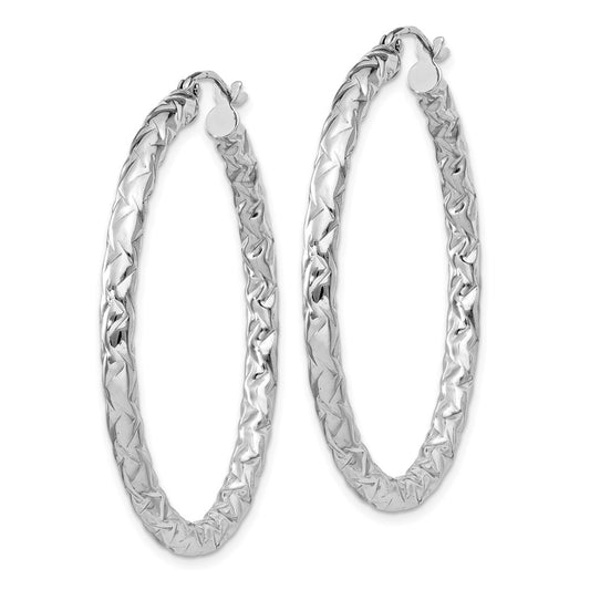 QE11502 Sterling Silver Rhodium-plated Textured 3x40mm Hoop Earrings