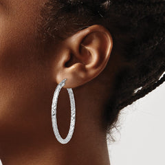 QE11502 Sterling Silver Rhodium-plated Textured 3x40mm Hoop Earrings