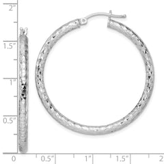 QE11502 Sterling Silver Rhodium-plated Textured 3x40mm Hoop Earrings