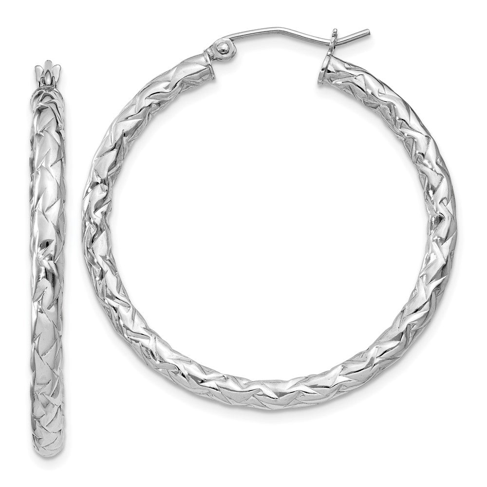 QE11503 Sterling Silver Rhodium-plated Textured 3x35mm Hoop Earrings