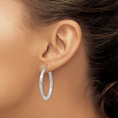 QE11504 Sterling Silver Rhodium-plated Textured 3x30mm Hoop Earrings