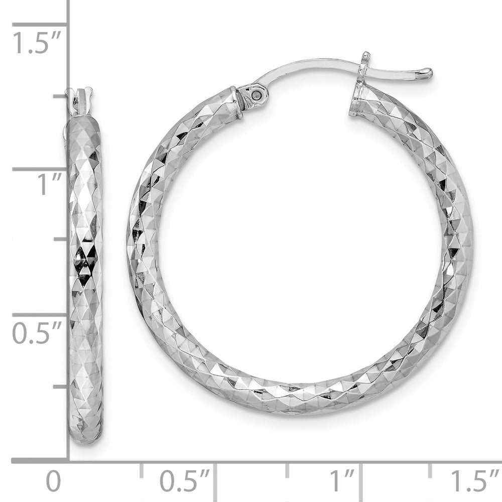 QE11504 Sterling Silver Rhodium-plated Textured 3x30mm Hoop Earrings