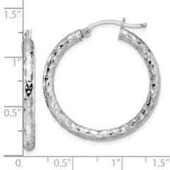 QE11504 Sterling Silver Rhodium-plated Textured 3x30mm Hoop Earrings