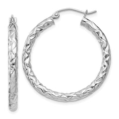 QE11504 Sterling Silver Rhodium-plated Textured 3x30mm Hoop Earrings