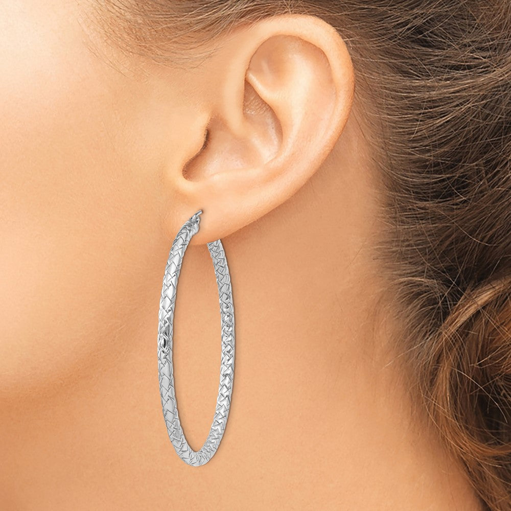 QE11505 Sterling Silver Rhodium-plated Textured 3x50mm Hoop Earrings