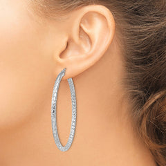 QE11505 Sterling Silver Rhodium-plated Textured 3x50mm Hoop Earrings