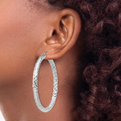 QE11508 Sterling Silver Rhodium-plated Textured 4x50mm Hoop Earrings