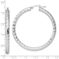QE11508 Sterling Silver Rhodium-plated Textured 4x50mm Hoop Earrings