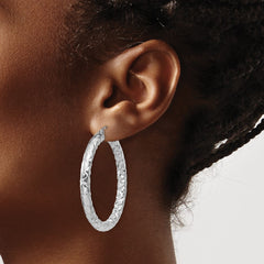 QE11509 Sterling Silver Rhodium-plated Textured 4x40mm Hoop Earrings