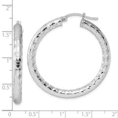 QE11509 Sterling Silver Rhodium-plated Textured 4x40mm Hoop Earrings