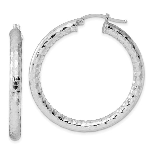 QE11509 Sterling Silver Rhodium-plated Textured 4x40mm Hoop Earrings
