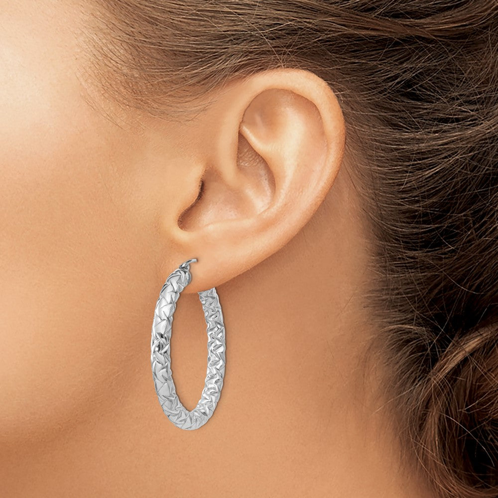 QE11510 Sterling Silver Rhodium-plated Textured 4x35mm Hoop Earrings