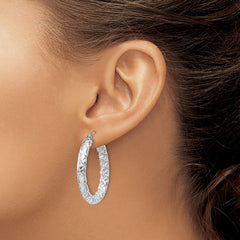QE11511 Sterling Silver Rhodium-plated Textured 4x30mm Hoop Earrings