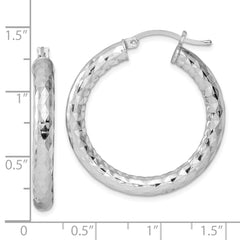 QE11511 Sterling Silver Rhodium-plated Textured 4x30mm Hoop Earrings