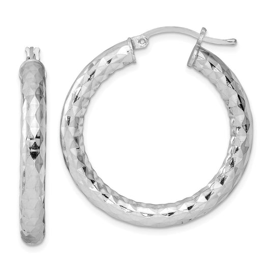 QE11511 Sterling Silver Rhodium-plated Textured 4x30mm Hoop Earrings