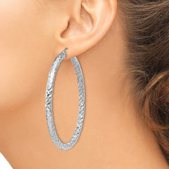 QE11512 Sterling Silver Rhodium-plated Textured 4x60mm Hoop Earrings