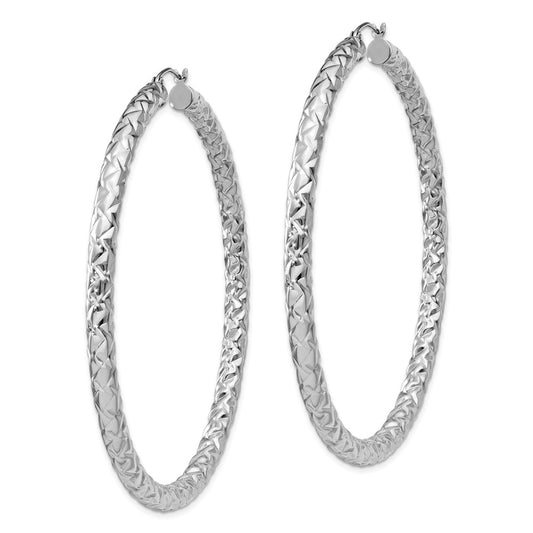 QE11513 Sterling Silver Rhodium-plated Textured 4x65mm Hoop Earrings