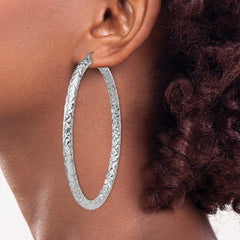 QE11513 Sterling Silver Rhodium-plated Textured 4x65mm Hoop Earrings