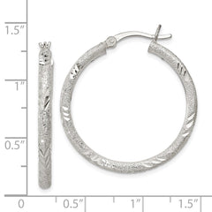 QE11520 Sterling Silver 2.5mm Diamond-cut Laser-cut Hinged Hoop Earrings