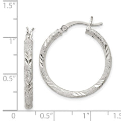 QE11521 Sterling Silver 2.5mm Diamond-cut Laser-cut Hinged Hoop Earrings