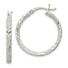QE11521 Sterling Silver 2.5mm Diamond-cut Laser-cut Hinged Hoop Earrings