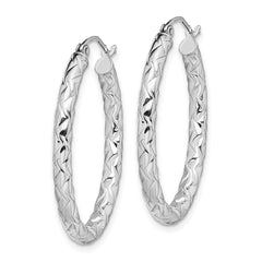 QE11582 Sterling Silver RH-plated D/C Textured 3mm Oval Hoop Earrings