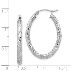 QE11582 Sterling Silver RH-plated D/C Textured 3mm Oval Hoop Earrings