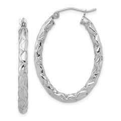 QE11582 Sterling Silver RH-plated D/C Textured 3mm Oval Hoop Earrings