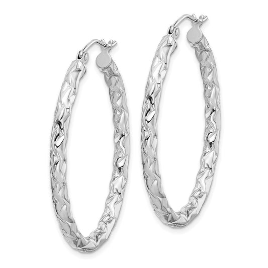 QE11583 Sterling Silver RH-plated D/C Textured 3mm Oval Hoop Earrings
