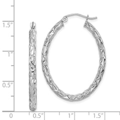 QE11583 Sterling Silver RH-plated D/C Textured 3mm Oval Hoop Earrings